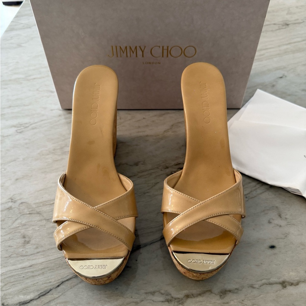 Jimmy Choo Nude Perfume Patent Leather Wedge Sandals - Picture 3 of 6